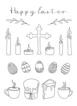 Easter card with Happy Easter greeting. Easter Set in continuous one line style Stock Illustration