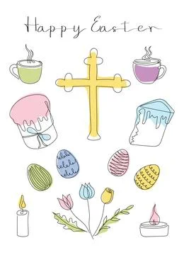 Easter card with Happy Easter greeting. Easter Set in continuous one line style Stock Illustration
