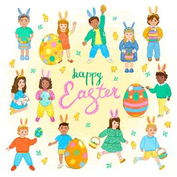 Easter Card with Illustrations of Children Stock Illustration
