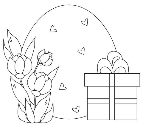 Easter card. Large Easter egg with a bouquet of flowers and leaves and a box wit Stock Illustration