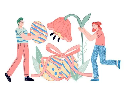 Easter card or banner backdrop with people holding colored eggs and spring fl Stock Illustration