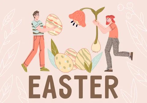 Easter card or banner template with people above huge Easter word, flat vecto Stockillustratie
