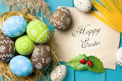 Easter card. Painted Easter eggs. 스톡 사진