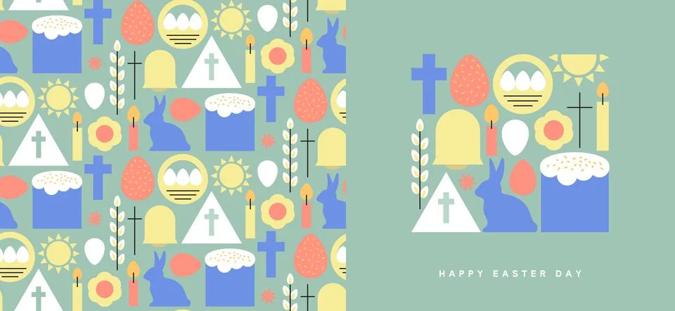 Easter card postcard egg cross rabbit basket Stock Illustration