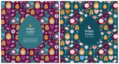 Easter card postcard with rabbit egg flowers Stock Illustration
