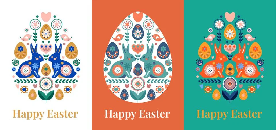 Easter card postcard with rabbit egg flowers Stock Illustration