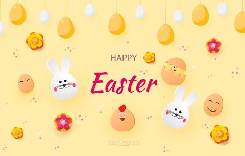 Easter card with rabbit and chickens, spring flowers and flat Easter icons on Stock Illustration