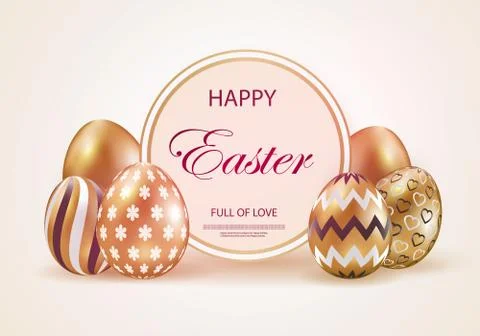 Easter card with a round frame and ornate golden eggs on a light background.  Stock Illustration