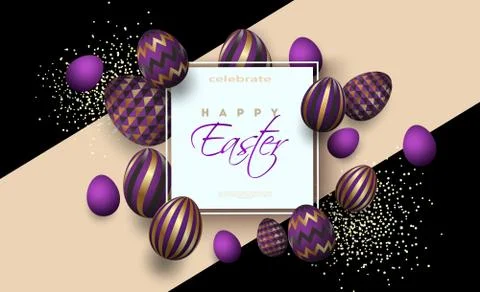 Easter card with square frame, golden purple ornamental eggs Stock Illustration