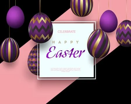 Easter card with square frame, golden purple ornamental eggs Stock Illustration
