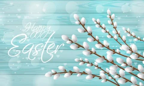 Easter card Vector realistic willow branches. Happy holiday decor. Bright Blu Illustrazione stock