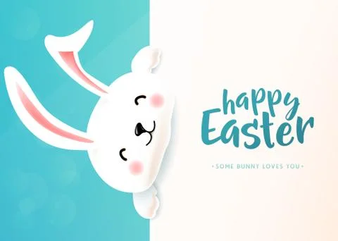Easter card with white cute funny smiling rabbit. Easter bunny wishing spring Stock Illustration