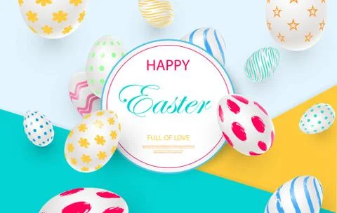 Easter card with white decorated 3D eggs. Stock Illustration