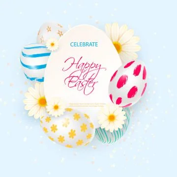 Easter card with white decorated 3D eggs. Stock Illustration