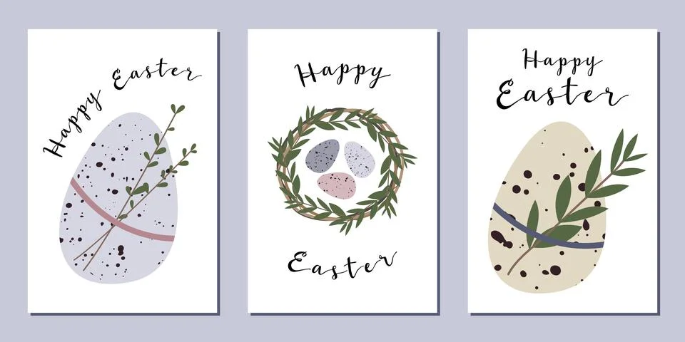 Easter cards. Cute easter egg, nest, branch and leaves. Eco rustic decoration Stock Illustration