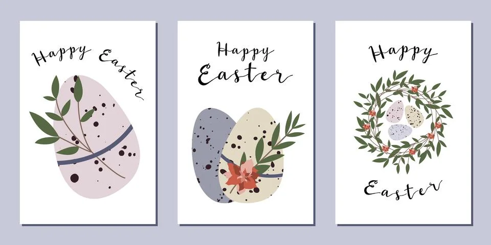 Easter cards. Cute easter egg, nest, branch and leaves. Eco rustic decoration Stock Illustration