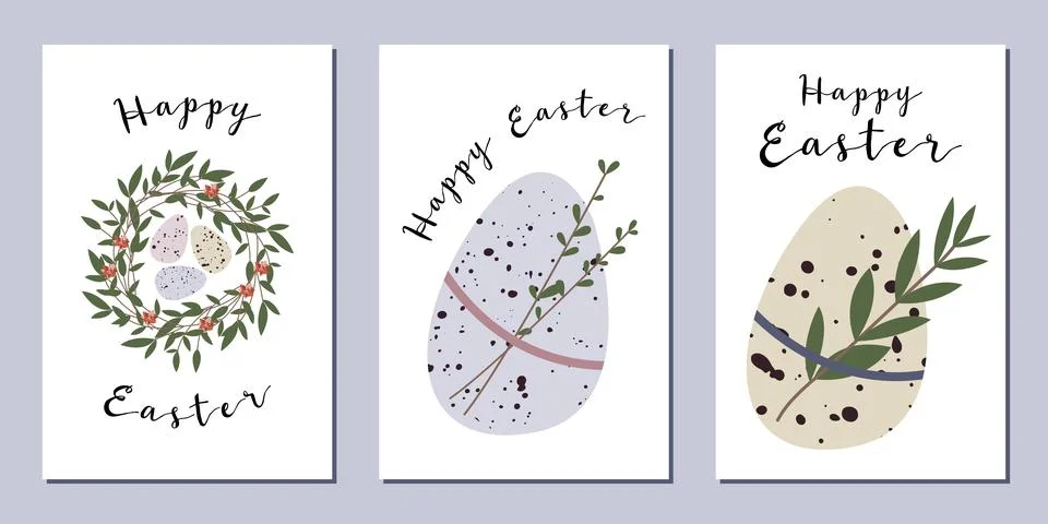 Easter cards. Cute easter egg, nest, branch and leaves. Eco rustic decoration Stock Illustration