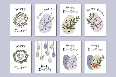 Easter cards. Cute easter egg, nest, branch and leaves. Eco rustic decoration Stock Illustration