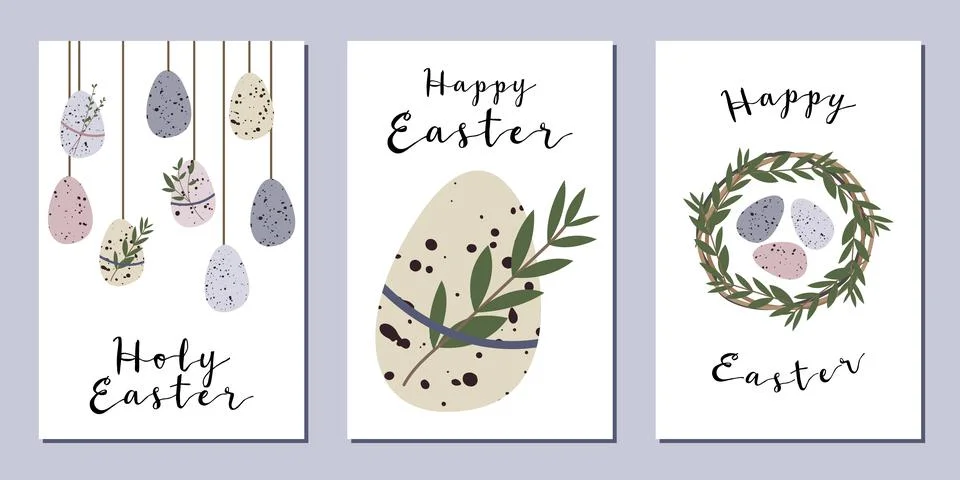 Easter cards. Cute easter egg, nest, branch and leaves. Eco rustic decoration Stock Illustration
