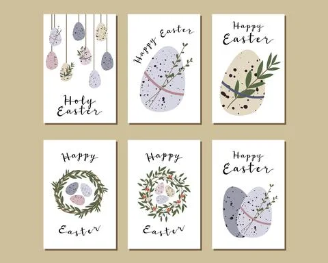 Easter cards. Cute easter egg, nest, branch and leaves. Eco rustic decoration Stock Illustration