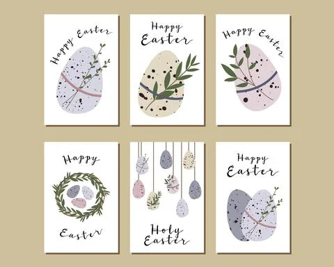 Easter cards. Cute easter egg, nest, branch and leaves. Eco rustic decoration Stock Illustration