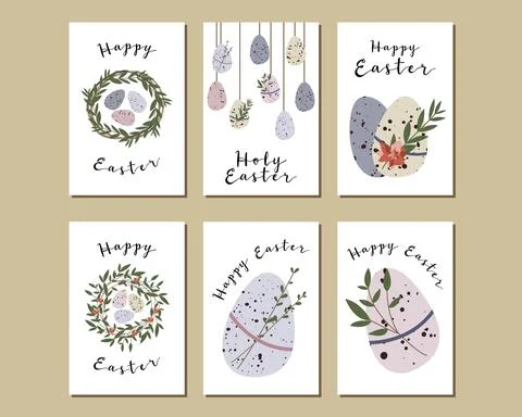 Easter cards. Cute easter egg, nest, branch and leaves. Eco rustic decoration Stock Illustration