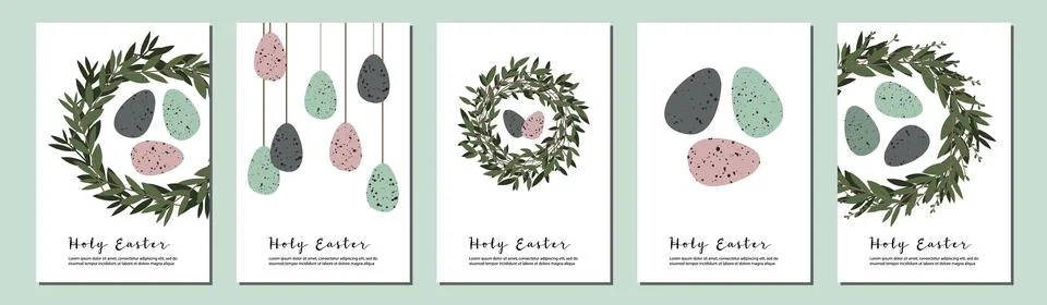 Easter cards. Cute easter egg, nest, branch and leaves. Eco rustic decoration Stock Illustration