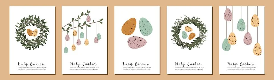 Easter cards. Cute easter egg, nest, branch and leaves. Eco rustic decoration Stock Illustration