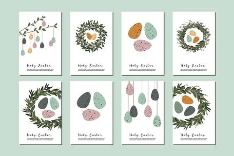 Easter cards. Cute easter egg, nest, branch and leaves. Eco rustic decoration Stock Illustration