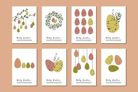 Easter cards. Cute easter egg, nest, branch and leaves. Eco rustic decoration Stock Illustration