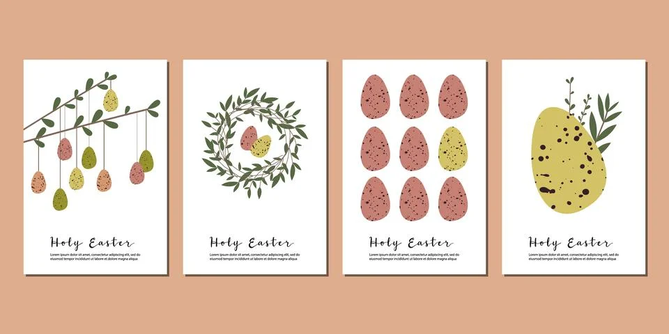 Easter cards. Cute easter egg, nest, branch and leaves. Eco rustic decoration Stock Illustration