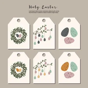 Easter cards. Cute easter egg, nest, branch and leaves. Eco rustic decoration Stock Illustration