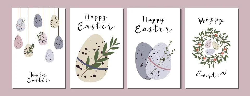 Easter cards. Cute easter egg, nest, branch and leaves. Eco rustic decoration Stock Illustration