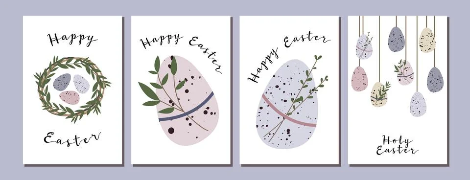Easter cards. Cute easter egg, nest, branch and leaves. Eco rustic decoration Stock Illustration