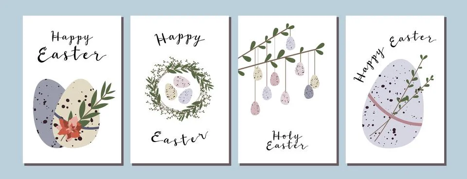 Easter cards. Cute easter egg, nest, branch and leaves. Eco rustic decoration Stock Illustration