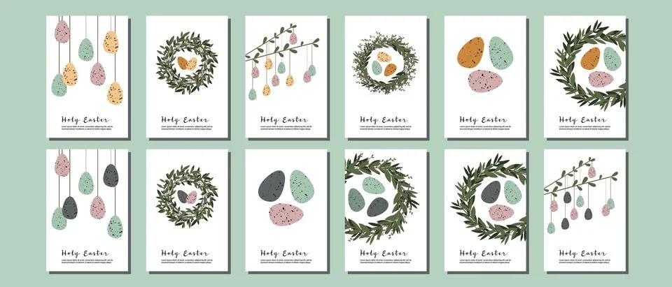 Easter cards. Cute easter egg, nest, branch and leaves. Eco rustic decoration Stock Illustration