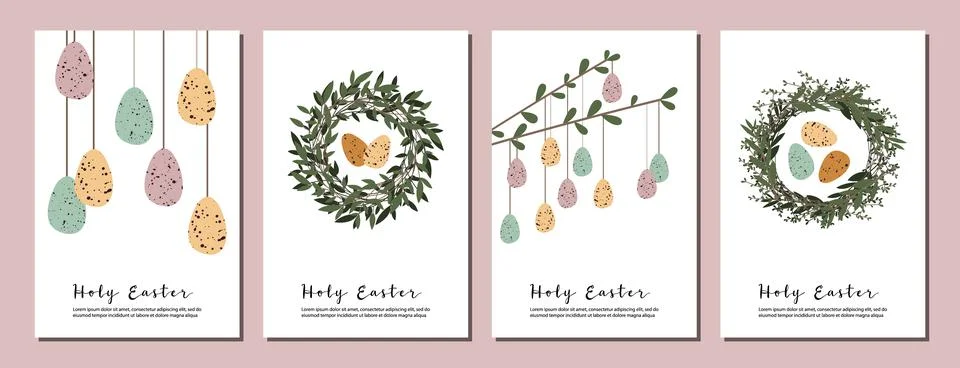 Easter cards. Cute easter egg, nest, branch and leaves. Eco rustic decoration Stock Illustration