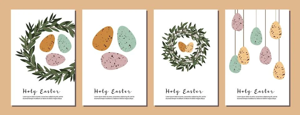 Easter cards. Cute easter egg, nest, branch and leaves. Eco rustic decoration Stock Illustration