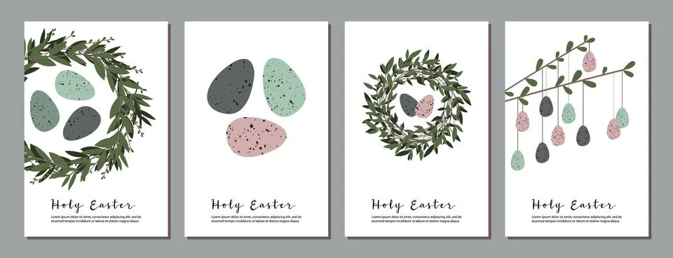 Easter cards. Cute easter egg, nest, branch and leaves. Eco rustic decoration Illustrazione stock