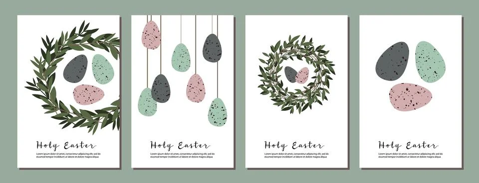 Easter cards. Cute easter egg, nest, branch and leaves. Eco rustic decoration Stock Illustration