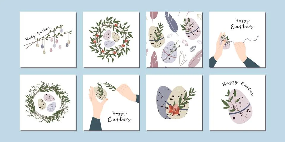 Easter cards. Cute easter egg, nest, branch and leaves. Eco rustic decoration Stock Illustration