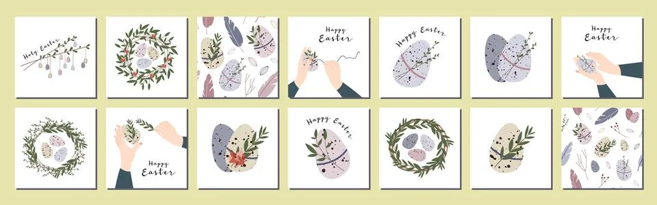 Easter cards. Cute easter egg, nest, branch and leaves. Eco rustic decoration Stock Illustration