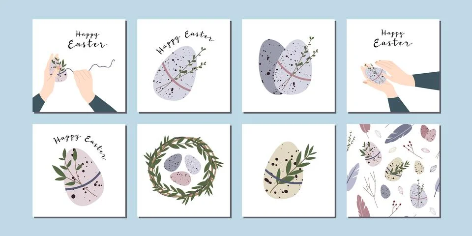Easter cards. Cute easter egg, nest, branch and leaves. Eco rustic decoration Stock Illustration