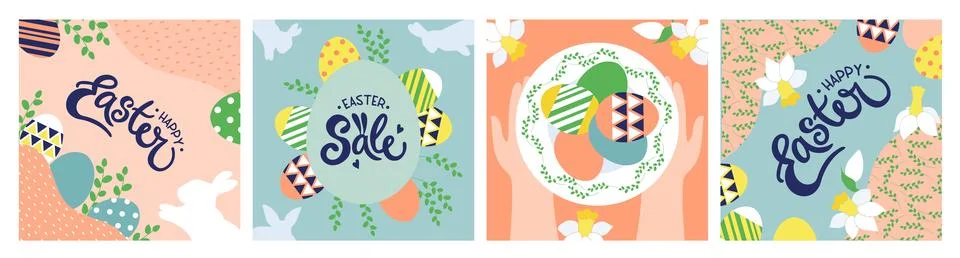 Easter cards, happy spring packaging. Sale or celebration posters, festive ar Stock Illustration