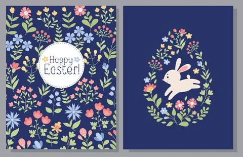 Easter cards set. Big Easter egg with cute bunny and and pattern of colorfu.. イラスト素材