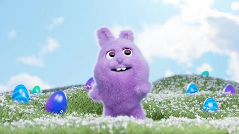 Easter cartoon rabbit dancing in the meadow. Easter hunting concept Stock Footage 267623064