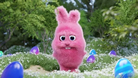 Easter cartoon rabbit dancing in the meadow. Easter hunting concept Stock Footage 267692461