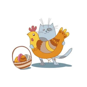 Easter cat with eggs, basket and chcken cartoon style vector illustration on Stock Illustration