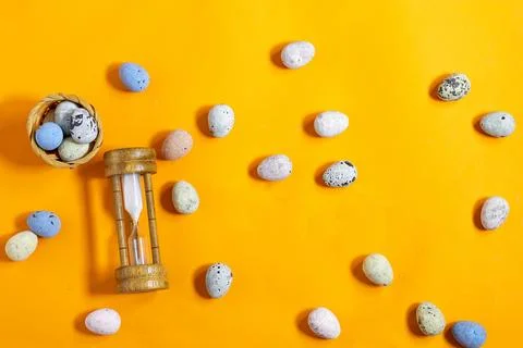 Easter celebration concept featuring painted decorative eggs, themed letters spe Stock Photos