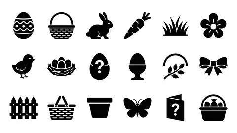 Easter celebration flat black icon set featuring cute chick rabbit nest and.. Stock Illustration